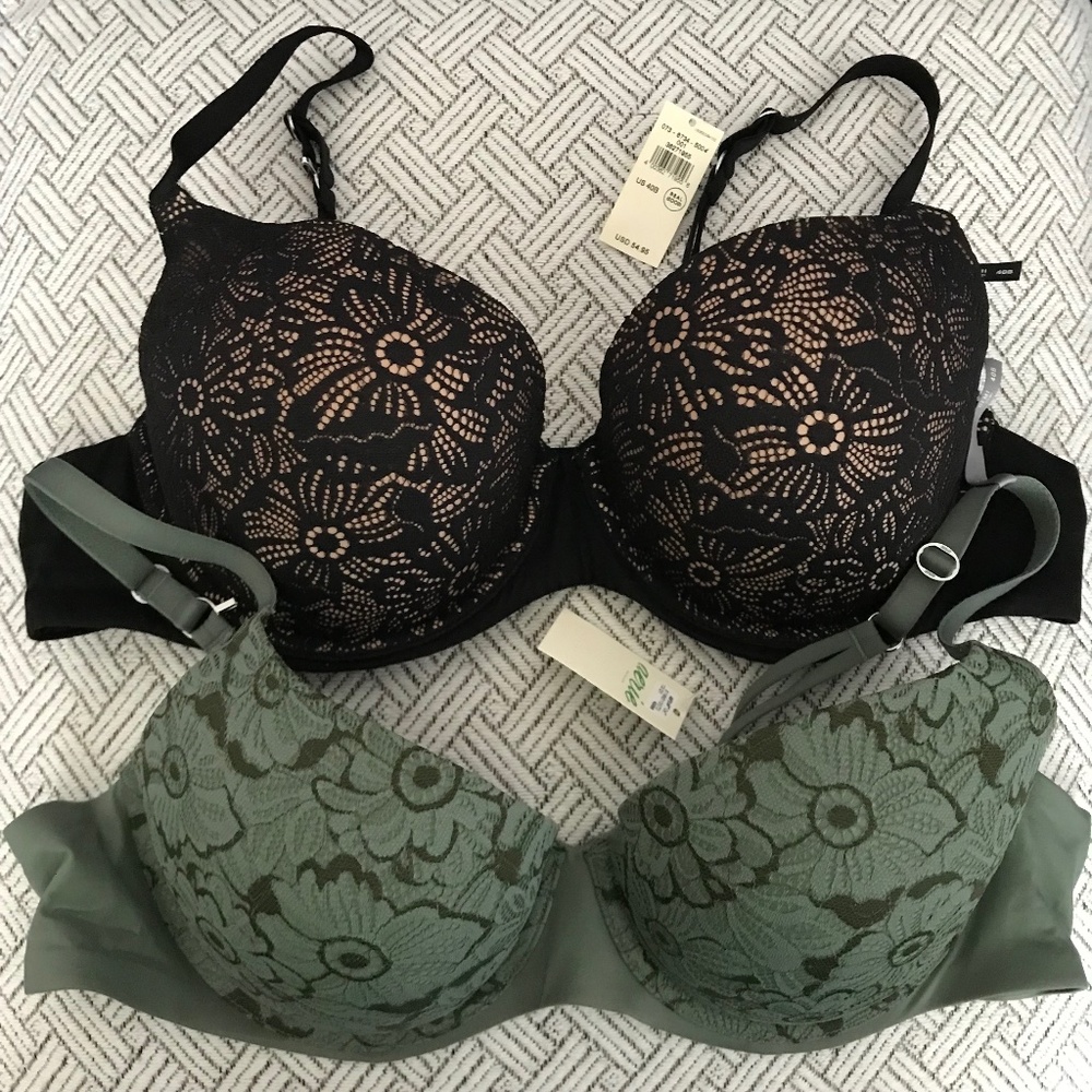 NWT Aerie Real Sunnie Demi Push Up Blossom Bras 40B Black and Green